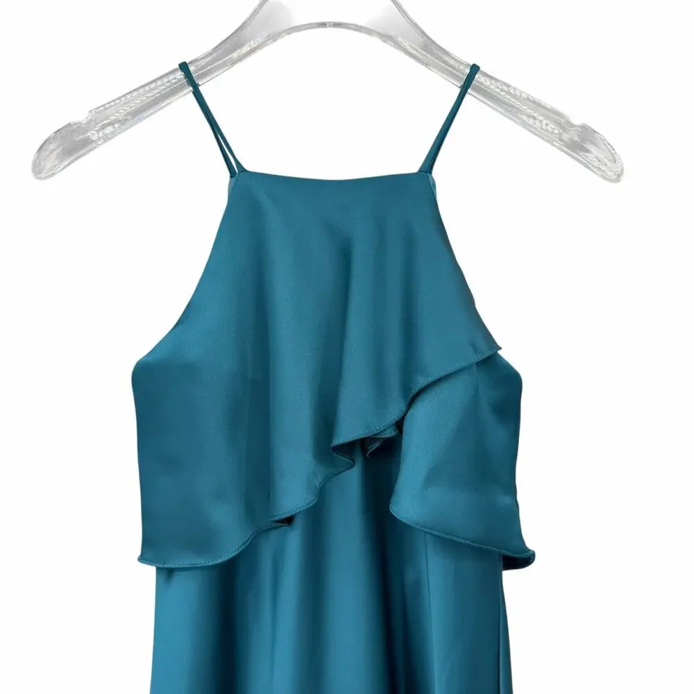 Morilee Junior Bridesmaid Teal Satin Flounce Bodice Full Length Dress 13214